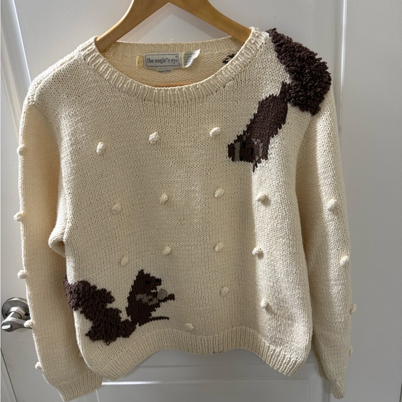 The Eagles Eye Sweaters - Vintage Eagles Eye 100%!Cotton Hand Knit Squirrel Motif Pom Poms Sweater SZ L